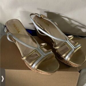 Prada Metallic Gold and Silver Wedges